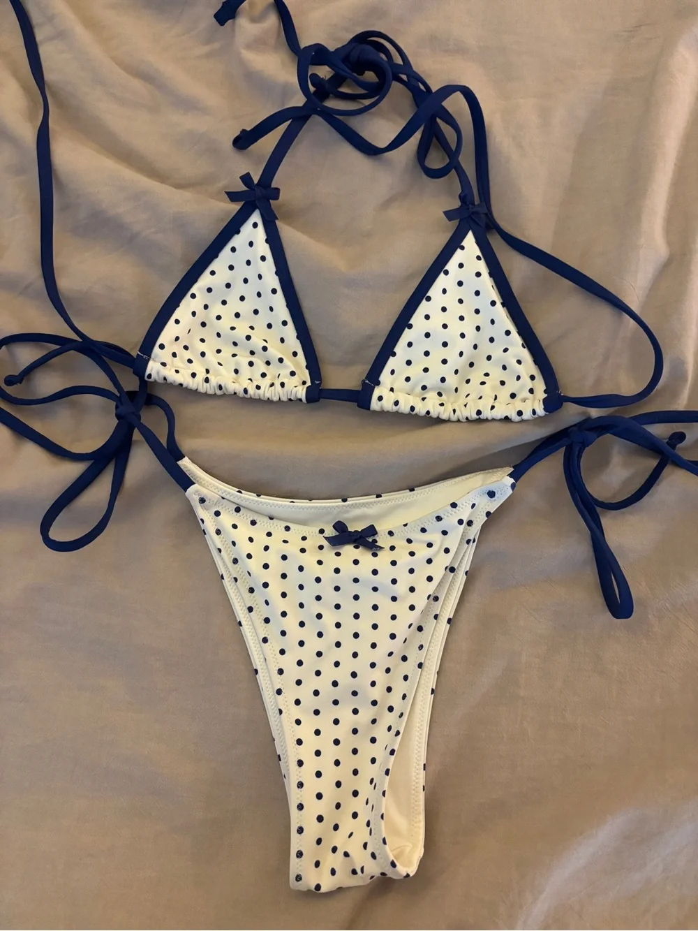PINK BY FRANKIES BIKINIS white blue polkadot bikini set Small
